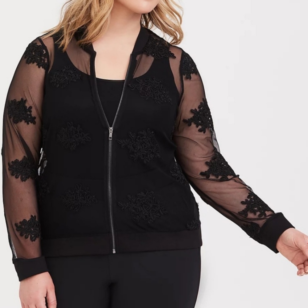 Black mesh embroidered bomber jacket